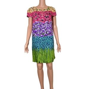 Laundry by Shelli Segal Floral Midi Dress Short Sleeve Zip Front Multicolor